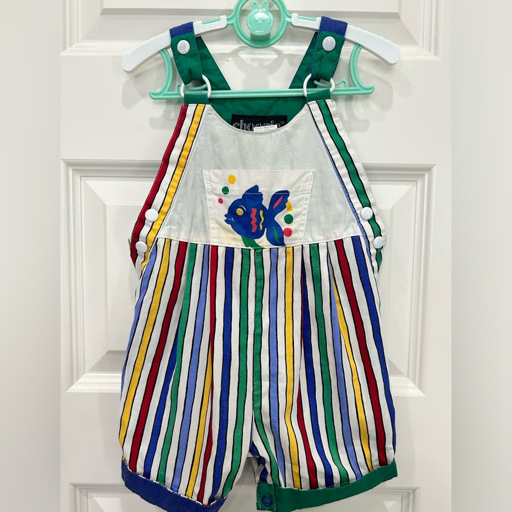 Vintage 100% Cotton Stripped Nautical Fish Color block 90’s 80’s Baby Overalls